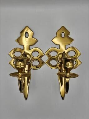 Vintage Brass Wall Sconces Pair Gothic Hollywood Regency Candle Holders MCM